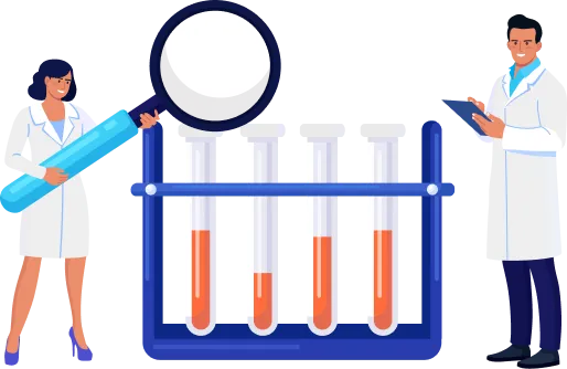 Cientificos trabajando en un laboratorio con microscopios y tubos de ensayo