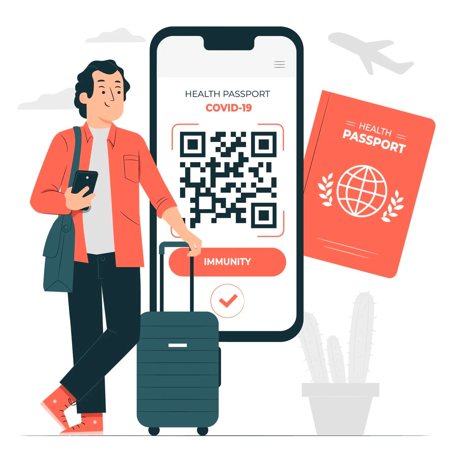 Ilustracion de una persona viajando con una maleta y un avion de fondo